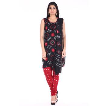 Red and Black Cotton Unstitched Bandhej Dress Material 1