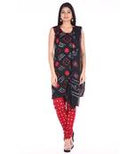 Red and Black Cotton Unstitched Bandhej Dress Material