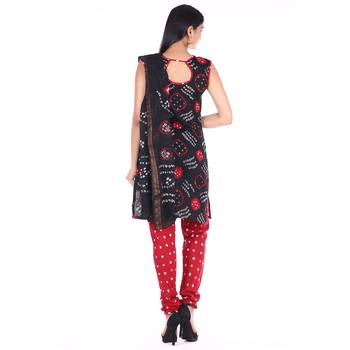 Red and Black Cotton Unstitched Bandhej Dress Material 2