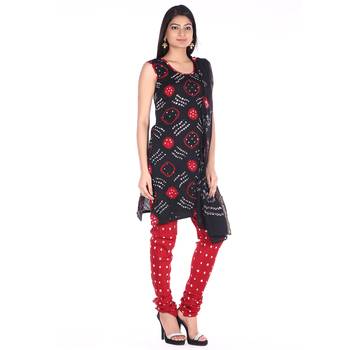 Red and Black Cotton Unstitched Bandhej Dress Material 3