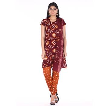 Maroon and Orange Cotton Unstitched Bandhej Dress Material 1