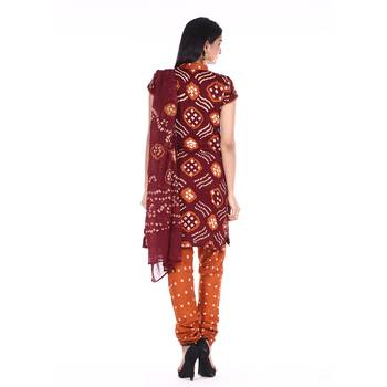 Maroon and Orange Cotton Unstitched Bandhej Dress Material 2