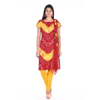 Yellow and Red Cotton Unstitched Bandhej Dress Material 1