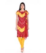 Yellow and Red Cotton Unstitched Bandhej Dress Material