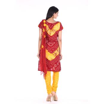 Yellow and Red Cotton Unstitched Bandhej Dress Material 2