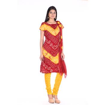 Yellow and Red Cotton Unstitched Bandhej Dress Material 3