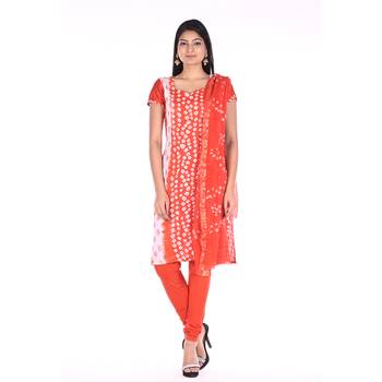 Orange Cotton Unstitched Bandhej Dress Material 1