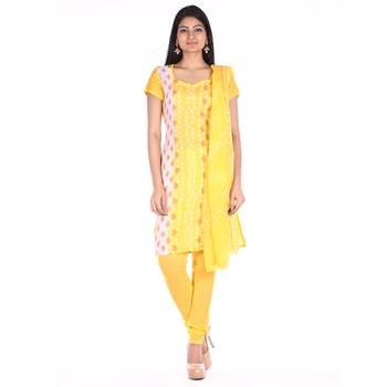 Lemon Yellow Cotton Unstitched Bandhej Dress Material 1