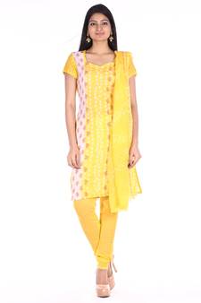 Lemon Yellow Cotton Unstitched Bandhej Dress Material