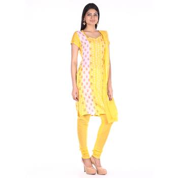 Lemon Yellow Cotton Unstitched Bandhej Dress Material 3