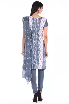 Grey Cotton Unstitched Bandhej Dress Material