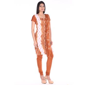 Brown Cotton Unstitched Bandhej Dress Material 3
