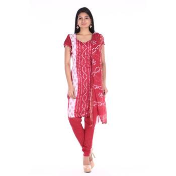 Red Cotton Unstitched Bandhej Dress Material 1