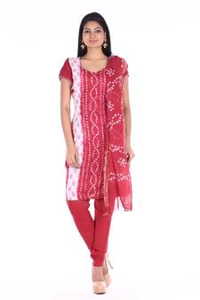 Red Cotton Unstitched Bandhej Dress Material