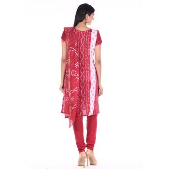 Red Cotton Unstitched Bandhej Dress Material 2