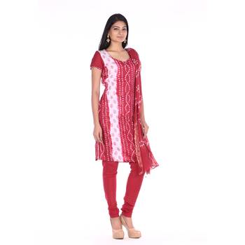 Red Cotton Unstitched Bandhej Dress Material 3