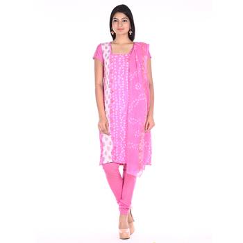 Pink Cotton Unstitched Bandhej Dress Material 1