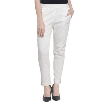 Off White Cotton Solid Casual Wear Trouser/Pant 2