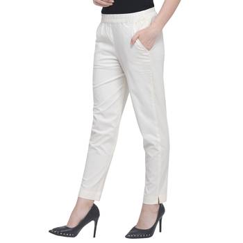 Off White Cotton Solid Casual Wear Trouser/Pant 3