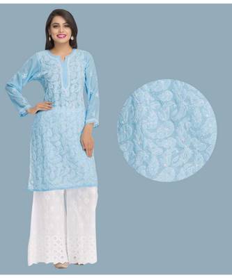 Ada Hand Embroidered Blue Georgette Lucknowi Chikankari Kurta - A95484 1