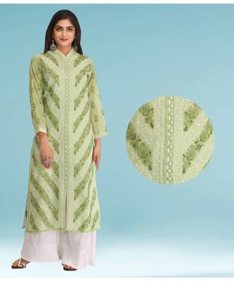 Ada Hand Embroidered Green Cotton Lucknow Chikankari Kurti 1