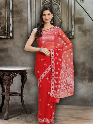 Hand Crafted Crimson Red Faux Georgette Lucknowi Chikankari Indian Women Saree With Blouse 1