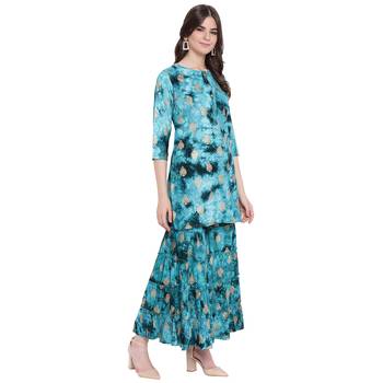Turquoise printed rayon kurtas-and-kurtis 4