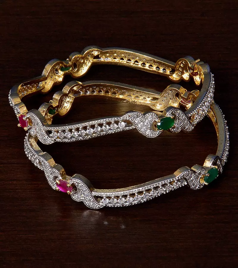 CZ, Ruby and Emerald Stone Embellished American Diamond Designer Bangles BD342