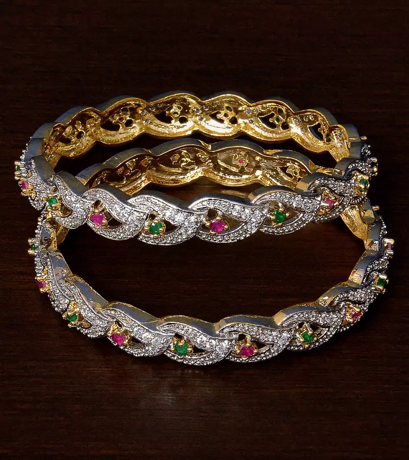 CZ, Ruby and Emerald Stone Embellished American Diamond Designer Bangles BD346