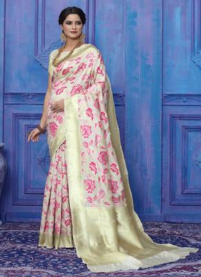 Cream woven silk blend saree with blouse 1