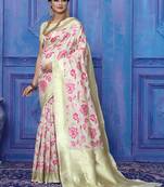 Cream woven silk blend saree with blouse