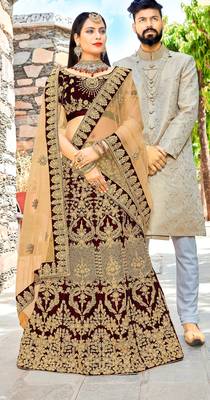 Maroon embroidered velvet semi stitched lehenga 1