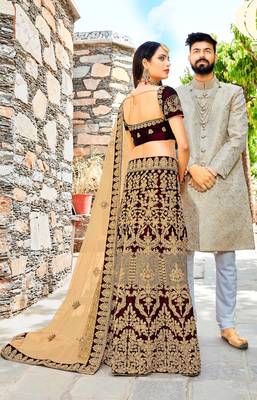 Maroon embroidered velvet semi stitched lehenga 3