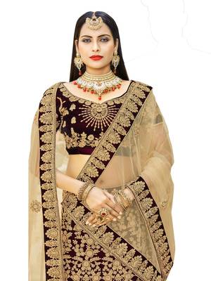 Maroon embroidered velvet semi stitched lehenga 4