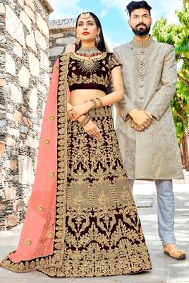 Magenta embroidered
 velvet semi stitched lehenga 1