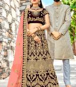 Magenta embroidered
 velvet semi stitched lehenga