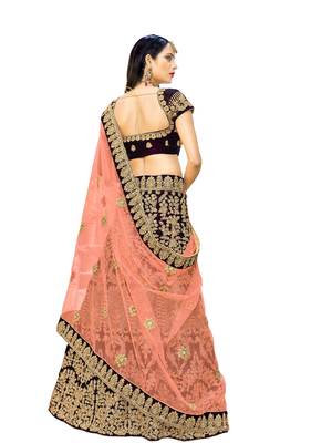Magenta embroidered
 velvet semi stitched lehenga 3