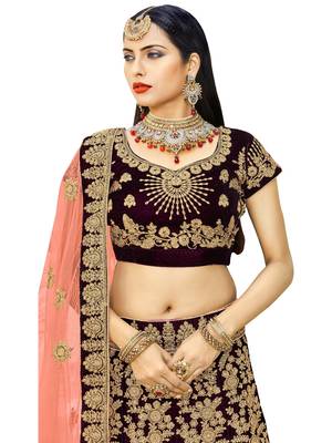 Magenta embroidered
 velvet semi stitched lehenga 4