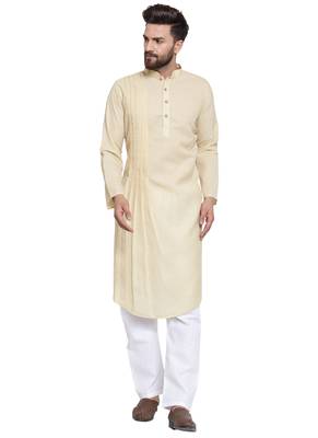Beige Plain Linen Kurta Pajama 1