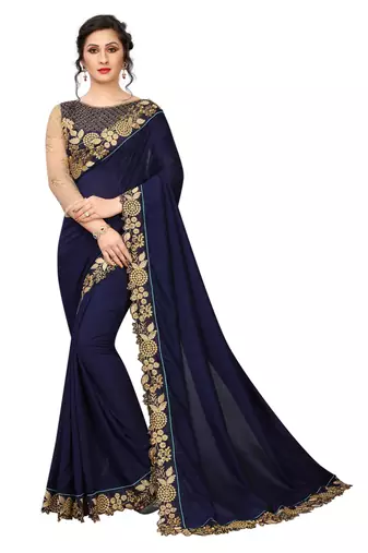 blue embroidered silk blend saree with blouse