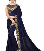 blue embroidered silk blend saree with blouse