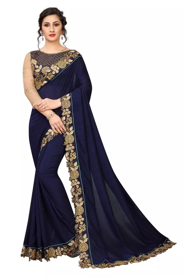 blue embroidered silk blend saree with blouse