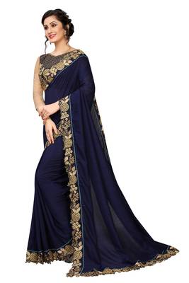 blue embroidered silk blend saree with blouse 2
