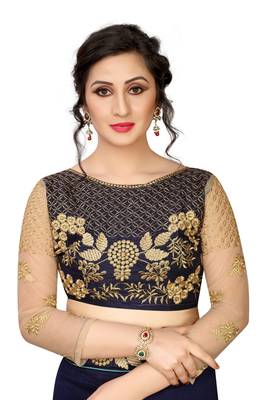 blue embroidered silk blend saree with blouse 5