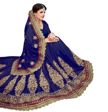 Trendmalls Blue embroidered art silk Traditional Wedding Party Wear Bridal Saree With Blouse   5
