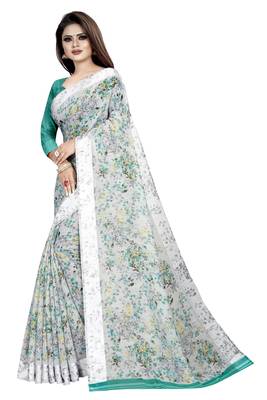 Light turquoise printed linen saree with blouse 2