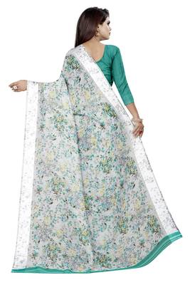 Light turquoise printed linen saree with blouse 3