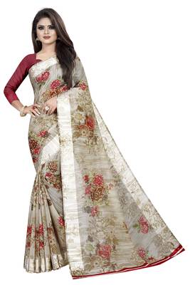 Red printed linen saree with blouse 1