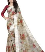 Red printed linen saree with blouse