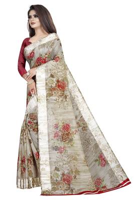 Red printed linen saree with blouse 2
